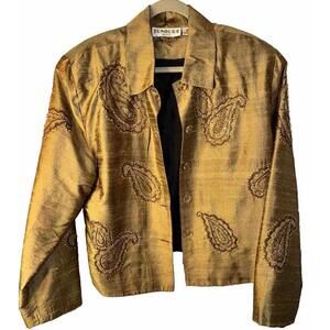 Tunique Womens Jacket 100% Silk Paisley Blazer Boho Floral Gold Sequin Sz XL